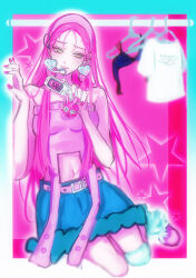  1girl alien_stage belt black_skirt bra cellphone chinese_commentary closet clothes_hanger commentary_request earrings flip_phone floating_earrings fur-trimmed_skirt fur_trim hairband happy2ni headset heart heart_earrings highres holding holding_phone jewelry long_hair microphone mizi_(alien_stage) mizi_(zombie_stage) official_alternate_costume phone pink_belt pink_hair pink_hairband pink_nails pink_shirt shirt sitting skirt star_(symbol) strapless strapless_shirt underwear unworn_bra unworn_shirt very_long_hair white_shirt zombie_stage 