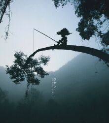  artist_name commentary_request fishing fishing_line fishing_rod fog forest gon_freecss hunter_x_hunter in_tree nature obnubilant sitting sitting_in_tree tree 