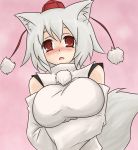  animal_ears blush breast_hold breasts detached_sleeves hat inubashiri_momiji large_breasts lowres oro_(zetsubou_girl) red_eyes short_hair silver_hair solo tail tokin_hat touhou wolf_ears wolf_tail 