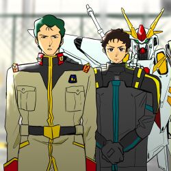  2boys black_bodysuit bodysuit bright_noa brown_eyes brown_hair dokuhamster earth_federation earth_federation_space_forces father_and_child father_and_son green_hair gundam gundam:_hathaway's_flash hathaway_noa highres mecha mecha_pilot_suit mobile_suit multiple_boys parent_and_child robot xi_gundam 