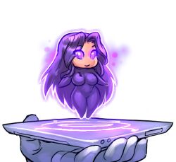  1girl 1other blackmyst bodysuit breasts floating full_body glowing holding hologram holographic_interface large_breasts light_smile long_hair lowres original parted_bangs purple_bodysuit purple_hair robot skin_tight smile transparent_background violet_eyes 