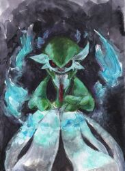  1girl attack black_background black_sclera blue_fire bob_cut breasts cave_interior colored_sclera colored_skin commentary cowboy_shot dress evil_grin evil_smile facing_viewer fire gardevoir green_hair green_skin grin looking_ahead mean_look_(pokemon) multicolored_skin narrow_waist outstretched_arms painting_(medium) partial_humanization pokemon pokemon_(creature) pokemon_focus pokemon_move pyrokinesis red_eyes skinny_dipping small_breasts smile traditional_media tsukushi_(toxicdoll) two-tone_skin watercolor_(medium) white_dress white_skin will-o-wisp_(pokemon) 