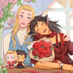  2girls absurdres adora_(she-ra) animal_ears animal_pin blonde_hair blue_eyes bouquet brown_hair cat_ears cat_girl catra character_doll couple doll fingernails flower happy highres jewelry masters_of_the_universe mismatched_sclera multiple_girls pompadour red_flower red_rose ring rose sharp_fingernails she-ra_and_the_princesses_of_power striped_skin wedding_ring wife_and_wife youliqy yuri 