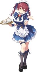  1girl absurdres apron black_shoes black_socks blowing_kiss blue_bow blue_bowtie blue_skirt blue_sleeves bow bowtie breasts brooch center_frills cup footwear_bow framed_breasts frilled_apron frilled_skirt frilled_socks frilled_thigh_strap frilled_wrist_cuffs frills full_body hair_ribbon highres holding holding_tray hololive houshou_marine jewelry kneehighs large_breasts layered_skirt long_hair looking_at_viewer maid maid_headdress mary_janes moya_(toatomoot) official_alternate_costume official_art one_eye_closed puffy_short_sleeves puffy_sleeves red_hair ribbon second-party_source shirt shoes short_sleeves simple_background skirt socks solo teacup teapot thigh_strap transparent_background tray twintails virtual_youtuber waist_apron white_apron white_shirt wrist_cuffs yellow_eyes 