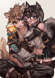  1boy 1girl :d absurdres alcohol animal_ears beer belt belt_bag belt_boots black-framed_eyewear black_gloves black_hair black_pants black_skirt black_sleeves black_thighhighs blush book boots breasts brown_belt brown_boots brown_eyes brown_hair commentary_request commission cup detached_sleeves dog_boy dog_ears dog_tail fingerless_gloves fluffy_tail glasses gloves grey_background grey_sweater hair_between_eyes hair_intakes high-waist_skirt highres holding holding_book holding_cup hug hug_from_behind indian_style kneeling large_breasts miniskirt open_mouth original pants personification ribbed_sweater sabamiso_taro shirt short_hair short_sleeves sitting skeb_commission skirt sleeveless sleeveless_sweater sleeveless_turtleneck smile sweater t-shirt tail thigh-highs turtleneck turtleneck_sweater white_shirt 