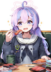 +_+ 1girl ahoge black_neckerchief blue_archive blue_eyes blush booth_seating chopsticks commentary_request cup eating fish_(food) food grey_jacket halo highres holding holding_chopsticks ikura_(food) jacket long_hair long_sleeves low_twintails multicolored_hair neckerchief open_mouth pink_hair pink_halo plate reisa_(blue_archive) sailor_collar saucer se-u-ra shirt smile solo sushi twintails two-tone_hair upper_body violet_eyes white_sailor_collar white_shirt yunomi 