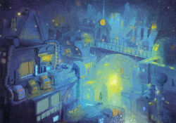  1other ambiguous_gender arch bridge cityscape commentary_request from_behind highres industrial industrial_pipe looking_afar machine original railing scenery science_fiction shoes short_hair shorts solo usatarosu very_wide_shot window 