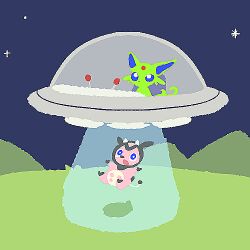  alien alternate_color arms_up blue_eyes dot_nose espeon facial_mark floating forehead_mark horns joo_gumoon lowres miltank mountain no_humans open_mouth outdoors pokemon pokemon_(creature) pokemon_focus shiny_pokemon sky star_(sky) tractor_beam ufo wide-eyed 