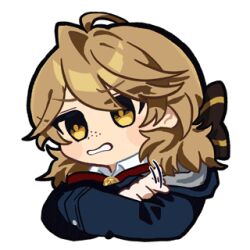  1girl ahoge animated animated_gif anna_m._battenberg astrae_oratio blue_jacket bow brown_bow brown_eyes brown_hair hair_between_eyes hair_bow jacket looking_at_viewer lowres medium_hair official_art partially_shaded_face red_ribbon ribbon second-party_source sidelocks simple_background solo tapping_finger white_background 
