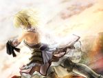  back bare_shoulders blonde_hair fate/stay_night fate/unlimited_codes gauntlets green_eyes looking_back saber saber_lily solo type-moon 