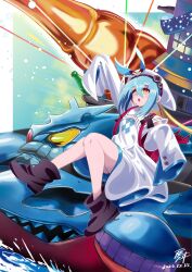  1girl 2023 ankle_boots arm_up backpack bag blonde_hair blue_bow blue_dress blue_hair boots bow commentary_request crossed_bangs dated dress duel_masters hair_between_eyes hair_ornament haneuma_p hat hat_bow highres long_hair low_twintails monster multicolored_bow multicolored_dress multicolored_hair open_mouth orange_eyes randoseru red_bow red_hair signature sitting sleeves_past_fingers sleeves_past_wrists solo t_t_t_(duel_masters) twintails very_long_hair white_dress white_hat yellow_bow 