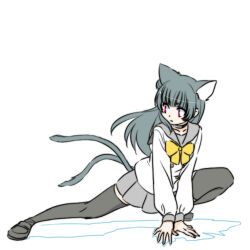  1girl animal_ears black_choker black_shoes black_thighhighs bow bowtie buttons cat_ears cat_girl cat_tail choker collarbone double-breasted grey_sailor_collar grey_skirt kemonomimi_mode loafers long_sleeves love_live! love_live!_sunshine!! miniskirt multiple_tails nekomata pleated_skirt sailor_collar school_uniform serafuku shinanoya_(satanicad) shirt shoes simple_background skirt solo tail thigh-highs tsushima_yoshiko two_tails uranohoshi_school_uniform violet_eyes white_background white_shirt winter_uniform yellow_bow yellow_bowtie zettai_ryouiki 