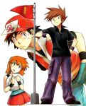  blue_(pokemon) blue_(pokemon)_(cosplay) cosplay counting flag green_eyes hand_on_hip hat kasumi_(pokemon) multiple_boys nintendo ookido_shigeru orange_hair pokemon pokemon_(anime) pokemon_(game) pokemon_rgby satoshi_(pokemon) skirt wristband 