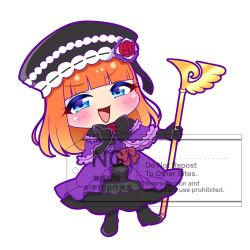  1girl artist_name black_bow black_gloves black_hat black_skirt blue_eyes blunt_bangs blush bow capelet chibi dress dress_bow elbow_gloves eva_beatrice flower gloves hat hat_flower highres holding holding_staff open_mouth orange_hair outline purple_capelet purple_dress purple_outline red_bow red_flower red_rose rose shara_puri skirt smile staff umineko_no_naku_koro_ni watermark white_background 