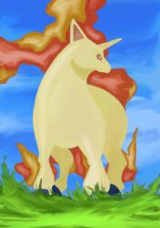  blue_sky cocoro_the_c commentary_request fiery_tail fire grass hooves horns horse outdoors pokemon pokemon_(creature) rapidash red_eyes single_horn sky standing tail unicorn 