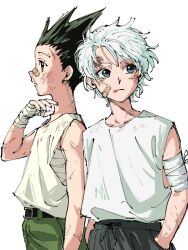  2boys arm_up bandaged_arm bandaged_hand bandages bandaid bandaid_on_face belt belt_buckle black_belt black_hair black_pants blue_eyes brown_eyes bruise bruise_on_face buckle closed_mouth collarbone cowboy_shot frown gon_freecss green_pants hand_in_pocket highres hunter_x_hunter injury killua_zoldyck looking_to_the_side male_focus multiple_boys pants parted_bangs parted_hair shino_rkg shirt shirt_tucked_in sideways_glance simple_background sleeveless sleeveless_shirt spiky_hair standing white_background white_hair white_shirt 