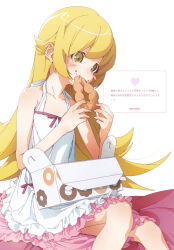  1girl bare_arms bare_shoulders blonde_hair blush_stickers commentary_request doughnut dress fan_request feet_out_of_frame flat_chest food food_in_mouth food_on_face frilled_dress frills from_side halter_dress halterneck hands_up highres holding holding_donut holding_food long_hair monogatari_(series) oshino_shinobu pastry_box pon_de_ring request_inset simple_background sitting sleeveless sleeveless_dress solo usurai_rairai vampire wavebox white_background white_dress yellow_eyes 
