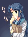  bag biwa_(kt) blue_eyes blue_hair eating food gonoike_biwa long_hair nikuman school_uniform suzumiya_haruhi_no_yuuutsu 