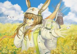  1girl :d absurdres amiya_(arknights) amiya_(seedsower)_(arknights) animal_ears arknights backpack bag blue_eyes blurry brown_hair bug building butterfly chinese_commentary clouds commentary_request day field flat_cap flower flower_field hair_between_eyes hat highres jacket light_particles long_hair long_sleeves looking_at_viewer neckerchief official_alternate_costume open_clothes open_jacket open_mouth outdoors qianxiaxiale signature smile solo white_butterfly white_hat white_jacket windmill yellow_flower yellow_neckerchief 