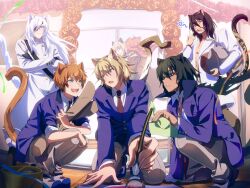  alternate_universe animal_ears asato_(lamento) bardo_(lamento) black_hair blonde_hair cat_boy cat_ears cat_tail commentary crossed_arms dark-skinned_male dark_skin eyepatch glasses highres indoors jacket japanese_clothes konoe_(lamento) lamento leaks long_hair looking_at_another mature_male necktie open_clothes open_mouth open_shirt orange_hair painting_(action) pants rai_(lamento) red_necktie school school_uniform shui_(lamento) smile tail tokino_(lamento) untranslatable_commentary white_hair yashidachi yawning 