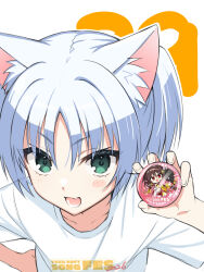  1girl :d animal_ear_fluff animal_ears badge blush_stickers button_badge character_print clothes_writing collarbone commentary_request countdown_illustration eyelashes fang fox_ears fox_girl green_eyes hand_up hands_on_own_hips highres holding_badge leaning_forward long_hair looking_at_viewer lower_teeth_only muririn official_artist_extra open_mouth outline rindou_ruri shirt short_sleeves simple_background skin_fang smile smug solo straddling t-shirt teeth tenshinranman twintails unohana_no_sakuyahime upper_body upright_straddle upturned_eyes v-shaped_eyebrows white_background white_hair white_outline white_shirt 