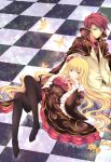  beatrice blonde_hair blue_eyes butterfly checkered checkered_background choker dress flower jacket lying murasakigo necktie on_back parody red_hair redhead thigh-highs thighhighs umineko_no_naku_koro_ni ushiromiya_battler vocaloid world_is_mine_(vocaloid) 