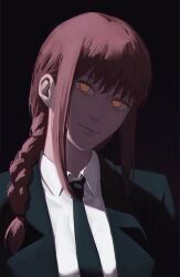  aanryus black_background black_jacket blue_necktie braid braided_ponytail chainsaw_man closed_mouth commentary highres jacket makima_(chainsaw_man) necktie orange_eyes red_hair shirt simple_background smile suit white_shirt 