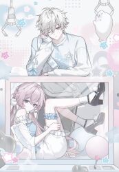  1boy 1girl ankle_socks arm_rest bare_shoulders black_shoes blue_camisole blue_lock bow box braid breasts brown_hair camisole closed_mouth commentary_request domyo double-parted_bangs dress elbow_rest footwear_bow frilled_camisole frilled_dress frilled_socks frilled_thigh_strap frills from_side full_body grey_eyes hair_between_eyes hand_on_own_thigh head_on_hand head_rest highres in_box in_container korean_commentary legs_up long_sleeves looking_at_viewer low_twintails nagi_seishirou one_eye_closed original parted_lips pom_pom_(clothes) second-party_source see-through_clothes see-through_shawl shawl shirt shoes short_dress short_hair small_breasts socks spaghetti_strap thigh_strap twintails white_background white_dress white_shawl white_shirt white_socks yellow_eyes 