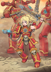  1girl 2boys adeptus_astartes alternate_costume armor axe blonde_hair braid breastplate cable chainsword chaos_(warhammer) chaos_space_marine commentary energy_gun english_commentary fate/apocrypha fate_(series) hair_ornament hair_scrunchie half_up_braid helmet holding holding_axe horns kensaint mordred_(fate) multiple_boys open_mouth pauldrons plasma_pistol ponytail power_armor red_scrunchie scrunchie shoulder_armor sidelocks warhammer_40k weapon world_eaters 