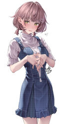  1girl absurdres blue_dress blush breasts brown_hair buckle character_request cleavage_cutout clothing_cutout copyright_request cowboy_shot dress embarrassed frilled_sleeves frills green_eyes hair_ornament hairclip heart heart-shaped_buckle highres kawai_ritsu_(rits_meg) looking_at_viewer medium_hair messy_hair open_mouth own_hands_together pleated_dress shirt shirt_under_dress short_sleeves short_twintails signature simple_background sleeveless sleeveless_dress small_breasts solo standing turtleneck twintails wavy_mouth white_background white_shirt yellow_eyes 