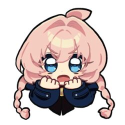  1girl ahoge anger_vein animated animated_gif astrae_oratio blue_eyes blue_jacket braid clenched_hands hair_intakes jacket long_hair looking_at_viewer lowres official_art open_mouth red_ribbon ribbon second-party_source simple_background solo tanaka_erin twin_braids white_background 