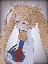  1girl ahoge artist_name black_bra blonde_hair bra bradamante_(fate) braid breasts cleavage_cutout closed_eyes clothing_cutout collared_shirt commentary crown_braid dot_nose epaulettes fate/grand_order fate_(series) from_side gradient_background grey_background highres huge_breasts long_hair shirt short_sleeves simple_background sleeve_cuffs smile solo tanutika twintails twitter_username underwear upper_body watermark white_background white_shirt 