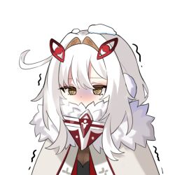  1girl alternate_costume coat cold deformed dot_nose eye_hair_ornament eye_symbol fur-trimmed_coat fur_trim genshin_impact hair_intakes miyako_draw ronova_(genshin_impact) sidelocks simple_background snow snow_on_head snowflake_pupils solo trembling upper_body white_background white_coat white_hair winter_clothes winter_coat yellow_eyes 