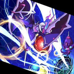  akuru_0502 blue_eyes commentary_request flaming_eye flying glowing glowing_eyes highres horns mandibles naganadel no_humans open_mouth poipole pokemon pokemon_(creature) pokemon_focus purple_wings stinger wings 
