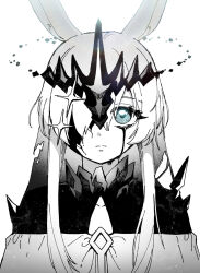  1girl animal_ear_fluff animal_ears arknights blood blood_from_eyes blue_eyes closed_mouth commentary_request crown crying crying_with_eyes_open dress hair_over_one_eye head_spikes highres korean_commentary long_hair looking_at_viewer mizuno_ami monochrome pq rabbit_ears sidelocks simple_background solo spot_color tears upper_body white_background 