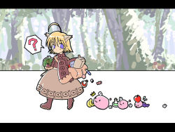  1girl :3 ? ahoge animal_ears apple arm_at_side bad_link bag banana blonde_hair blue_eyes brown_jacket brown_skirt brown_sleeves candy closed_mouth coin_purse collar cropped_jacket dot_nose expressionless flask following food forest fruit grapes holding jacket letterboxed lollipop long_skirt looking_back merchant merchant_(ragnarok_online) nature open_clothes open_jacket outdoors poring ragnarok_online round-bottom_flask shirt sideways_glance skirt sleeve_cuffs speech_bubble spoken_question_mark stitched_sleeves sugar_cube sunlight sweatdrop test_tube thick_outlines walking wrapped_candy yellow_shirt yuiha_(zenmaishikibanshogi) 