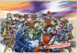  2girls 3boys assault_visor battle black_assault_visor black_eyes black_wings blade_arm blue_bodysuit blue_eyes blue_flash blue_helmet bodysuit chest_eye choushinsei_flashman claws clenched_hand extra_eyes extra_mouth gloves glowing glowing_sword glowing_weapon green_bodysuit green_flash green_helmet green_wings helmet holding holding_sword holding_weapon horns large_horns monster multiple_boys multiple_girls multiple_heads nested_mouths official_art okazaki_toshio outdoors painting_(medium) pink_bodysuit pink_flash pink_helmet pointy_ears punching red_bodysuit red_eyes red_flash red_helmet sharp_teeth signature skin-covered_horns spikes standing super_sentai sword teeth the_argoss the_biinon the_bucross the_dapiras the_descom the_devilub the_drake the_ganmel the_garabas the_gostero the_jagan the_mazarass the_menonga the_metagas the_powaburu the_sworduss the_zeragill the_zolbalda third-party_source tokusatsu traditional_media weapon white_gloves wings yellow_bodysuit yellow_eyes yellow_flash yellow_helmet yellow_horns 