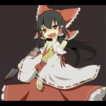  :d black_hair blood bow commentary detached_sleeves hair_bow hakurei_reimu knife letterboxed open_mouth pasutel red_eyes smile touhou yandere 
