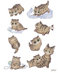  animal animal_focus baby_animal cat closed_eyes cup drinking_glass green_eyes hoshikuzu_pan kitten motion_lines multiple_views no_humans original pleading_eyes signature simple_background tail tail_wagging white_background yarn yarn_ball 