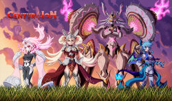  1other 3girls armor black_eyeliner blonde_hair blue_hair bodysuit centur-ion_atrii centur-ion_legatia centur-ion_primera centur-ion_trudea clouds commentary crossed_arms dragon_girl dragon_horns dragon_tail dragon_wings duel_monster dusk english_commentary english_text eyeliner fire floating_hair gradient_sky grass hand_on_own_hip helmet horns makeup mark_under_eye midnite_dreams multiple_girls orange_eyes orange_sky pink_fire pink_hair pink_sky purple_sky red_eyes robot shoulder_plates sky smile standing tail thigh_armor violet_eyes wings yu-gi-oh! 