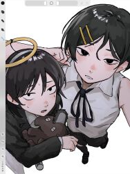  2girls angel_devil_(chainsaw_man) angel_devil_(chainsaw_man)_(cosplay) art_program_in_frame black_eyes black_hair black_jacket black_ribbon chainsaw_man collared_shirt commentary_request cosplay fake_halo foreshortening from_above futsuu_no_keion-bu hair_ornament hairclip halo hatono_chihiro highres jacket kouyama_rin kusakabe_(kskb_e) looking_at_viewer multiple_girls neck_ribbon parallel_hairclips parted_lips pixie_cut procreate_(software) reze_(chainsaw_man) reze_(chainsaw_man)_(cosplay) ribbon sanpaku self-doubt_animal_(futsuu_no_keion-bu) shirt short_hair sleeveless sleeveless_shirt standing suit_jacket sweat white_background white_shirt 