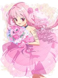 1girl anemone_(flower) bare_shoulders black_choker blunt_bangs bouquet braid choker circle_skirt collarbone commentary_request copyright_name cowboy_shot dated dot_nose dress floating_hair flower frilled_gloves frills gloves hair_flower hair_intakes hair_ornament hair_ribbon happy highres holding holding_bouquet knees light_blush long_hair looking_at_viewer low_ponytail magia_record:_mahou_shoujo_madoka_magica_gaiden mahou_shoujo_madoka_magica official_alternate_costume open_mouth outside_border picture_frame pink_dress pink_eyes pink_flower pink_gloves pink_hair pink_ribbon pink_rose pleated_dress polka_dot polka_dot_dress polka_dot_ribbon ponytail purple_flower ribbon rose serizawa_serizane side_braids smile solo sparkle standing strapless strapless_dress tamaki_iroha translation_request twin_braids unmoving_pattern very_long_hair watermark white_background