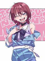  1girl absurdres black_choker black_ribbon blue_eyes choker girls_band_cry highres iseri_nina low_twintails medium_hair off_shoulder one_eye_closed open_mouth ow1804 pinky_out red_hair ribbon sweater twintails upper_body 