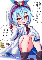  1girl ankle_boots backpack bag blonde_hair blue_bow blue_dress blue_hair blush boots bow brown_boots commentary_request crossed_bangs dress duel_masters hair_between_eyes hair_ornament hat hat_bow highres low_twintails mesugaki multicolored_bow multicolored_dress multicolored_hair musan_(mu34mi) open_mouth orange_eyes randoseru red_bow red_hair sitting sleeves_past_fingers sleeves_past_wrists solo speech_bubble t_t_t_(duel_masters) teeth translation_request twintails white_background white_dress white_hat yellow_bow 