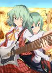  ascot back-to-back bass_guitar blue_eyes flower flower_field foreshortening green_hair guitar highres instrument kazami_yuuka kurifuto plaid plaid_skirt plaid_vest red_eyes short_hair skirt skirt_set smile sunflower touhou wink wriggle_nightbug 