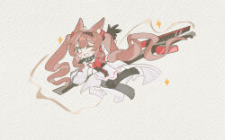  1girl angelina_(arknights) angelina_the_mellow_wish_(arknights) animal_ear_fluff animal_ears arknights arm_up bei_lu_(xhs_2970740248) black_collar black_gloves black_hairband brown_eyes brown_hair chibi chibi_only chinese_commentary collar commentary_request detached_sleeves dress fox_ears fox_girl full_body gloves hair_between_eyes hairband highres infection_monitor_(arknights) long_hair long_sleeves looking_at_viewer one_eye_closed sitting smile solo sparkle staff_riding twintails very_long_hair white_dress 