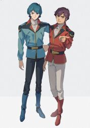  2boys aeug alternate_universe aqua_eyes aqua_hair black_jacket blue_jacket brown_hair commentary_request earth_federation earth_federation_space_forces green_eyes gundam gundam_zz highres jacket judau_ashta kamille_bidan kasumi_(skchkko) military_rank_insignia multicolored_jacket multiple_boys open_clothes open_jacket red_jacket short_hair zeta_gundam 