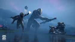  4others aiming ammunition_backpack armor assault_rifle backpack bag bullpup cape club_(weapon) commentary crusher_(helldivers) english_commentary firing fleeing flower giant gun height_difference helldiver_(helldivers) helldivers_(series) highres jetpack lying mountainous_horizon multiple_others official_art on_stomach pauldrons pond purple_sky reloading rifle rocket_launcher shell_casing shoulder_armor size_difference sky sparks weapon 