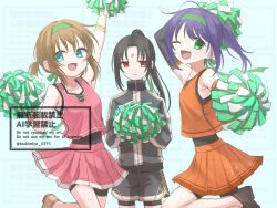  1boy 2girls black_hair blue_eyes brown_shoes cheerleader commentary_request cropped_legs fire_emblem fire_emblem:_path_of_radiance green_eyes green_headband headband highres looking_at_viewer mia_(fire_emblem) mist_(fire_emblem) multiple_girls one_eye_closed open_mouth pom_pom_(cheerleading) ponytail red_eyes shoes soren_(fire_emblem) tsukino_mi 