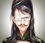  1girl @_@ bayonetta bayonetta_(character) black_hair blue_eyes disguise earrings facial_hair fake_mustache funny_glasses glasses ikuyoan jewelry lips lipstick long_hair mole mustache nintendo nose parody platinum_games_inc. sega smile solo sonic_team super_smash_bros. what 